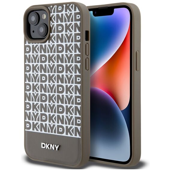 DKNY Leather Printed Pattern Metal Logo MagSafe Case for iPhone 15/14/13 - Brown - Apple Cases - Cases - Techbox