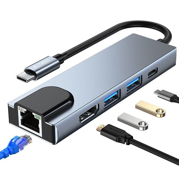 HUB Tech-Protect V3 5in1 USB-C - USB-A 3.0 / USB-A 2.0 / USB-C / HDMI / RJ45 - gray | Techbox