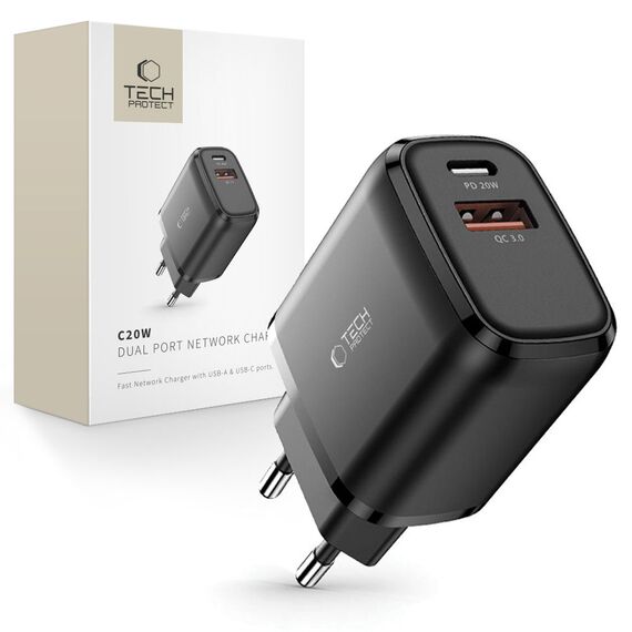 Tech-Protect C20W USB-C PD 20W / USB-A QC 3.0 network charger - black - Travel Chargers - Smartphone Chargers - Techbox