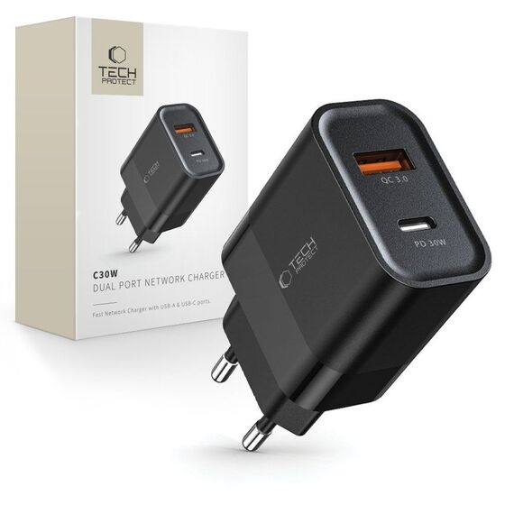 Tech-Protect C30W Charger USB-C PD 30W / USB-A QC 3.0 - Black | Techbox