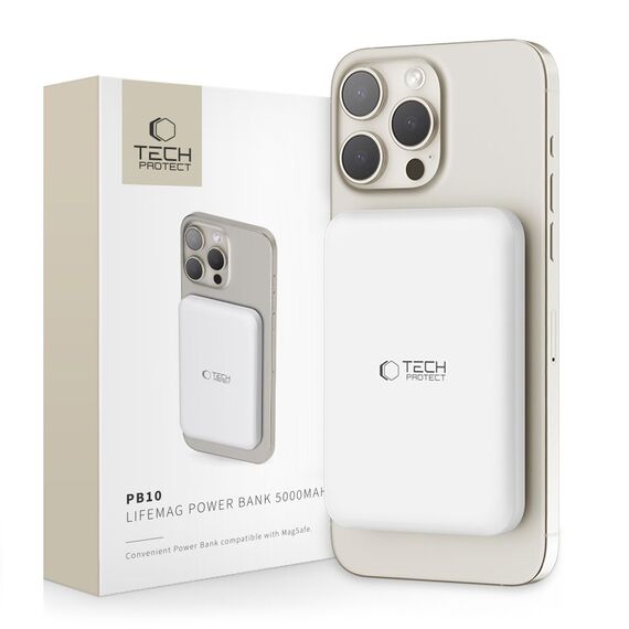 Tech-Protect LifeMag PB10 Powerbank with MagSafe 5000mAh 15W USB-C port - white + USB-C cable - Powerbanks - Smartphone Chargers - Techbox