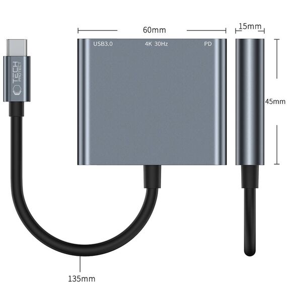 HUB Tech-Protect V1 3in1 USB-C - USB-A 3.0 / USB-C PD 100W / HDMI 4K 30Hz - gray | Techbox