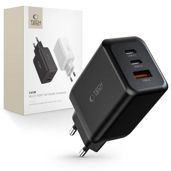 Tech-Protect C65W charger 2x USB-C PD 65W / USB-A QC 3.0 - black | Techbox