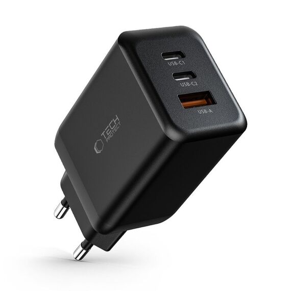 Tech-Protect C65W charger 2x USB-C PD 65W / USB-A QC 3.0 - black | Techbox