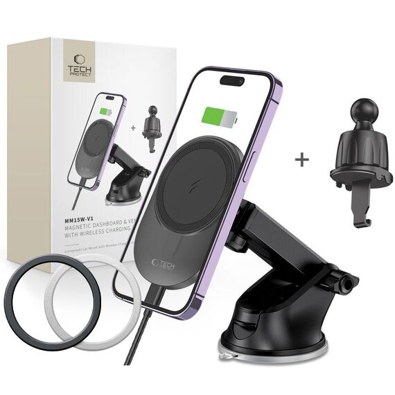 Tech-Protect MM15W-V1 Car Phone Holder with MagSafe 15W Wireless Charger for Cockpit/Air Vent - Black - Car Chargers - Smartphone Chargers - Techbox
