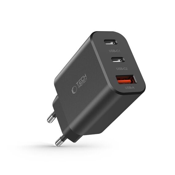 Tech-Protect NC30W network charger 2x USB-C PD 30W / USB-A QC 3.0 - black - Travel Chargers - Smartphone Chargers - Techbox