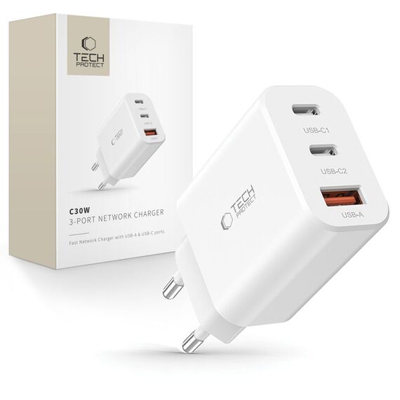 Tech-Protect NC30W network charger 2x USB-C PD 30W / USB-A QC 3.0 - white - Travel Chargers - Smartphone Chargers - Techbox