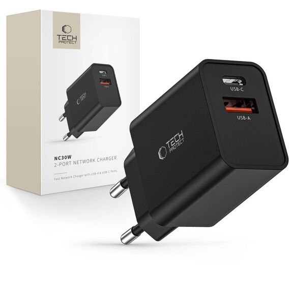 Tech-Protect NC30W USB-C PD 30W / USB-A QC 3.0 network charger - black - Travel Chargers - Smartphone Chargers - Techbox