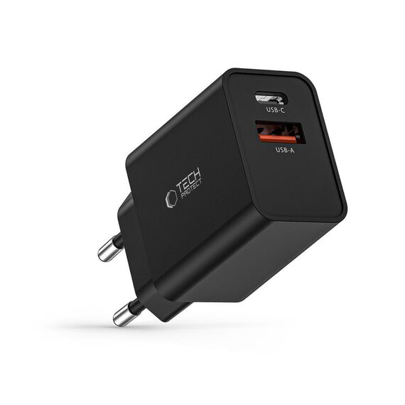 Tech-Protect NC30W USB-C PD 30W / USB-A QC 3.0 network charger - black - Travel Chargers - Smartphone Chargers - Techbox
