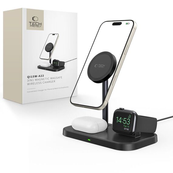 Tech-Protect QI15W-A22 MagSafe Inductive Charger with 3in1 MagSafe Stand for Smartphone / Apple Watch / AirPods - Black | Techbox