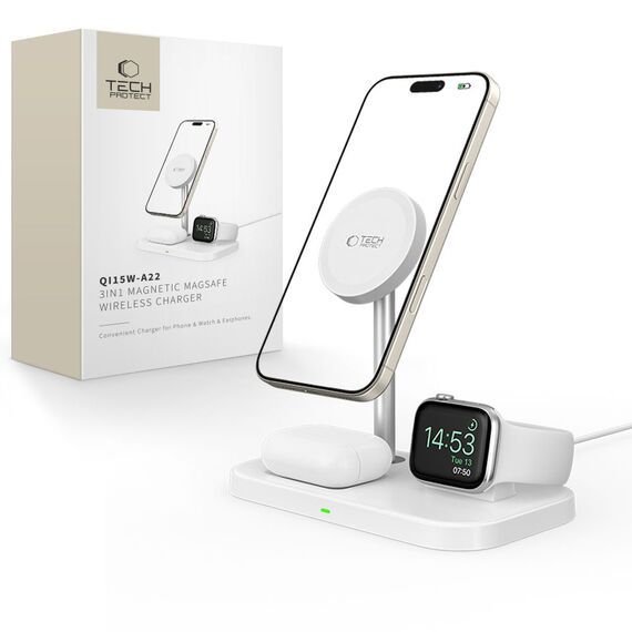 Tech-Protect QI15W-A22 MagSafe inductive charger with 3in1 MagSafe stand for smartphone / Apple Watch / AirPods - white | Techbox