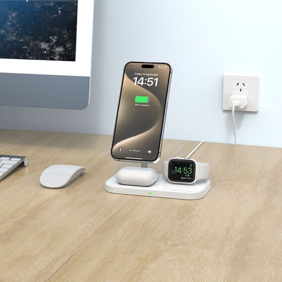 Tech-Protect QI15W-A22 MagSafe inductive charger with 3in1 MagSafe stand for smartphone / Apple Watch / AirPods - white | Techbox