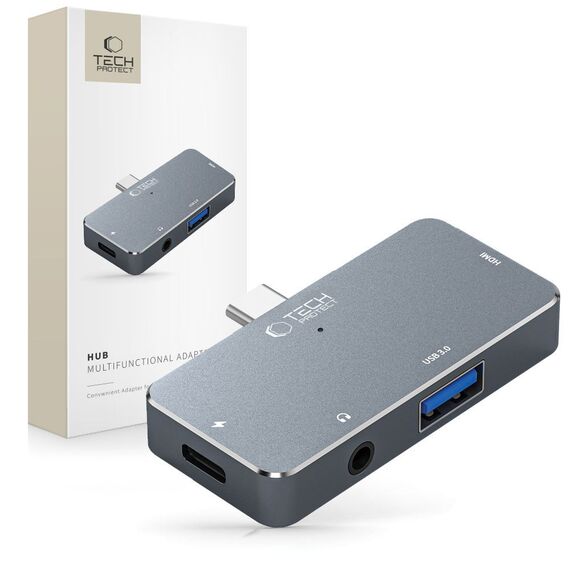 HUB Tech-Protect V6 4in1 USB-C - USB-A 3.0 / USB-C PD100W / HDMI / mini jack 3.5mm - gray | Techbox