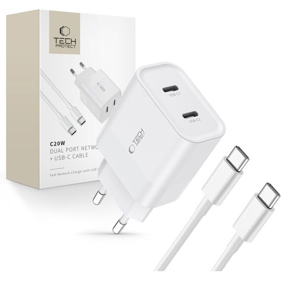 Tech-Protect C20W 2x USB-C PD 20W charger with USB-C / USB-C cable - white - Travel Chargers - Smartphone Chargers - Techbox