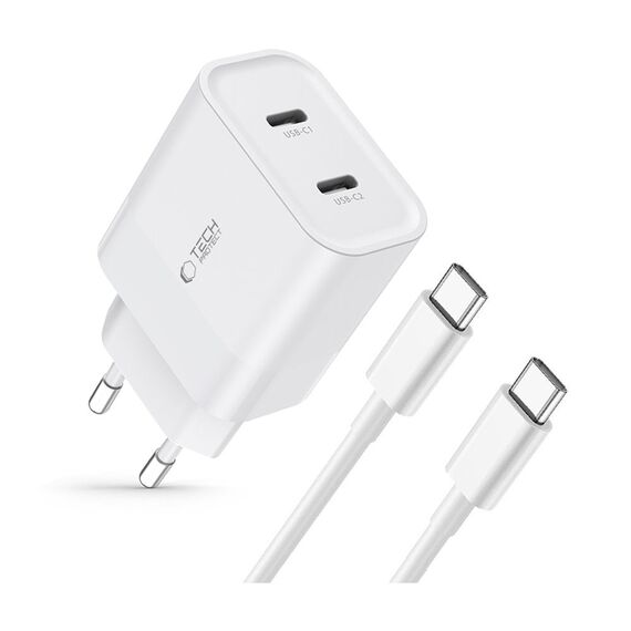 Tech-Protect C20W 2x USB-C PD 20W charger with USB-C / USB-C cable - white - Travel Chargers - Smartphone Chargers - Techbox