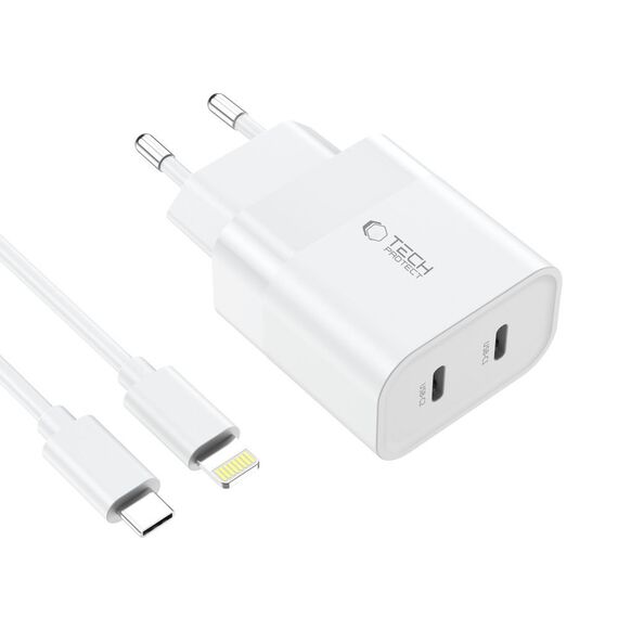 Tech-Protect C20W 2x USB-C PD 20W charger with USB-C / USB-C cable - white - Travel Chargers - Smartphone Chargers - Techbox