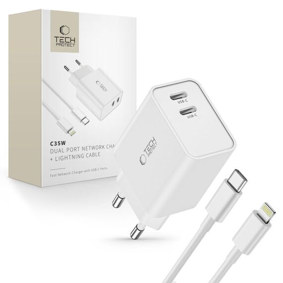 Tech-Protect C35W 2x USB-C PD 35W Wall Charger with USB-C / Lightning Cable - White - Travel Chargers - Smartphone Chargers - Techbox