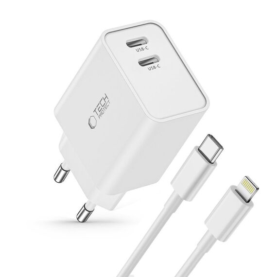 Tech-Protect C35W 2x USB-C PD 35W Wall Charger with USB-C / Lightning Cable - White - Travel Chargers - Smartphone Chargers - Techbox