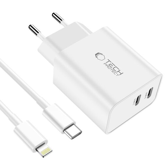 Tech-Protect C35W 2x USB-C PD 35W Wall Charger with USB-C / Lightning Cable - White - Travel Chargers - Smartphone Chargers - Techbox