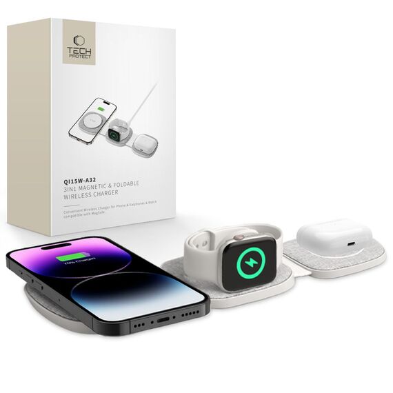 Tech-Protect QI15W-A32 3-in-1 Inductive Charger with MagSafe for Smartphone / Apple Watch / AirPods - Gray | Techbox