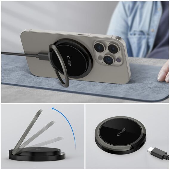 Tech-Protect QI15W-A33 Inductive Charger with MagSafe and Stand with USB-A / USB-C Cable - Black | Techbox