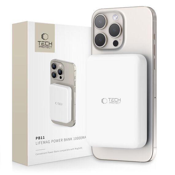 Tech-Protect LifeMag PB11 Powerbank with MagSafe 10000mAh 15W USB-C port - white + USB-C cable - Powerbanks - Smartphone Chargers - Techbox