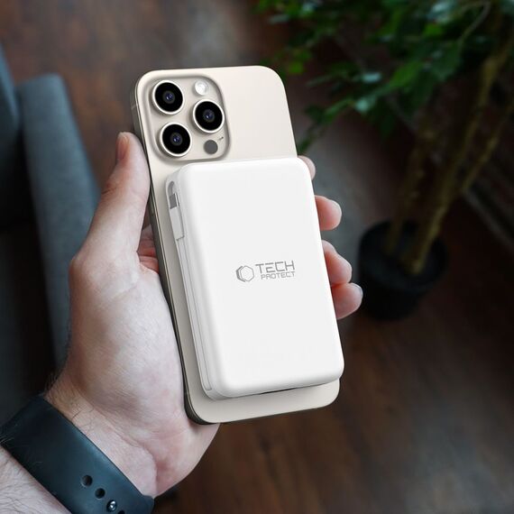 Tech-Protect LifeMag PB31 Powerbank with MagSafe 10000mAh 15W USB-C / USB-A / built-in USB-C / Lightning cables - white - Powerbanks - Smartphone Chargers - Techbox