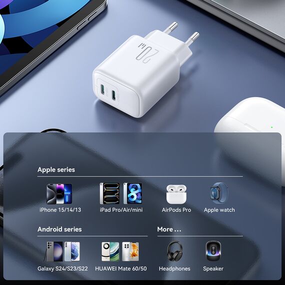 Joyroom JR-TCF12 mains charger 2x USB-C 20W PD / QC 3.0 - white - Travel Chargers - Smartphone Chargers - Techbox