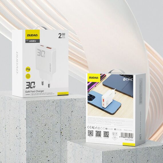 GaN Dudao A30EU 30W USB-A / USB-C Wall Charger - White - Travel Chargers - Smartphone Chargers - Techbox