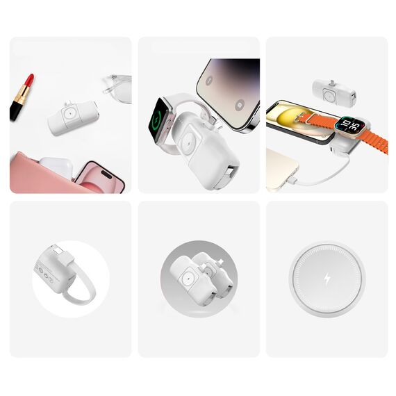 Wozinsky WF16-YCS 5000mAh 15W USB-C Mini Power Bank with Built-in USB-C Cable and Apple Watch Charger - White | Techbox