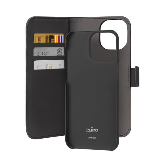 Puro Wallet Detachable MagSafe 2in1 PU Leather Case with Flap and Wallet for iPhone 15 Pro - Black | Techbox
