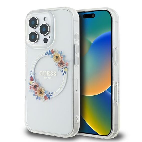 Guess IML Flowers Wreath MagSafe Case for iPhone 16 Pro - Clear | Techbox