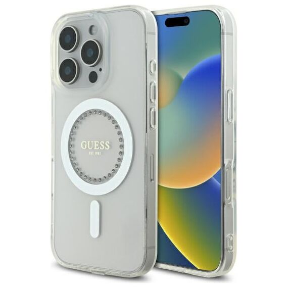 Guess IML Rhinestones MagSafe Case for iPhone 16 Pro Max - White | Techbox