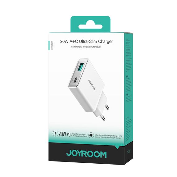 Joyroom JR-TCF14 20W USB-A USB-C Super Slim Wall Charger - White - Travel Chargers - Smartphone Chargers - Techbox