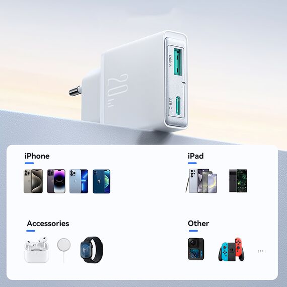 Joyroom JR-TCF14 20W USB-A USB-C Super Slim Wall Charger - White - Travel Chargers - Smartphone Chargers - Techbox