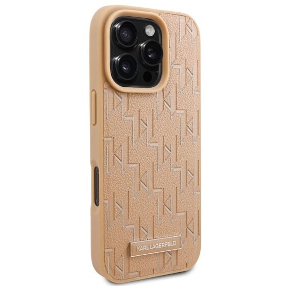 Karl Lagerfeld Leather Monogram Metal Logo MagSafe iPhone 16 Pro Case - Beige | Techbox