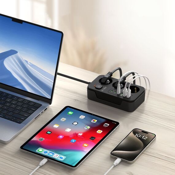 Tech-Protect PC3X6 Power Strip 3 Sockets 240V + 3xUSB-A + 3xUSB-C 200cm - Black