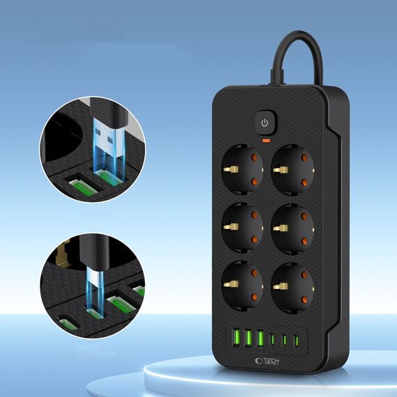 Tech-Protect PC6X6 Power Strip 6 Sockets 240V + 3xUSB-A + 3xUSB-C 200cm - Black