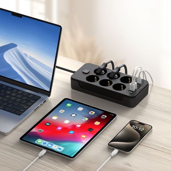Tech-Protect PC6X6 Power Strip 6 Sockets 240V + 3xUSB-A + 3xUSB-C 200cm - Black