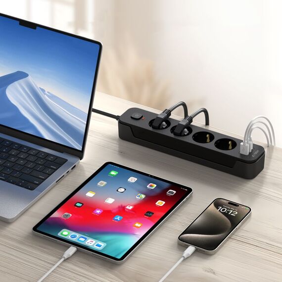 Tech-Protect PCL4X3 Power Strip 4 Sockets 240V + 2xUSB-A + 1xUSB-C 200 cm - Black