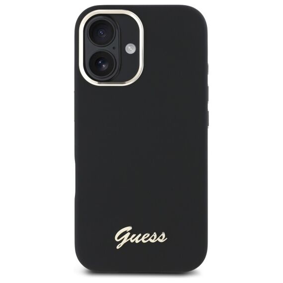 Guess Silicone Script Metal Logo &amp; Frame Case for iPhone 16 - Black | Techbox