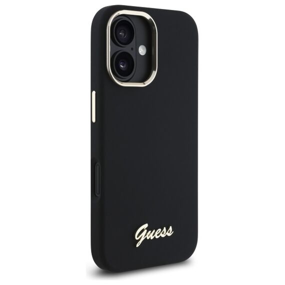 Guess Silicone Script Metal Logo &amp; Frame Case for iPhone 16 - Black | Techbox