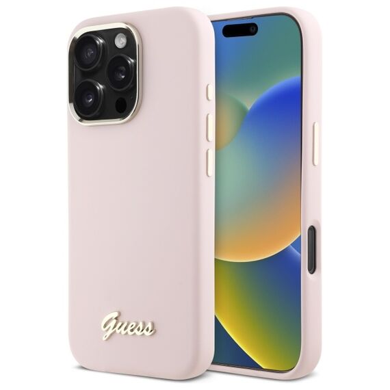 Guess Silicone Script Metal Logo &amp; Frame iPhone 16 Pro Case - Pink | Techbox