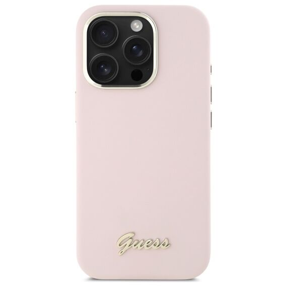 Guess Silicone Script Metal Logo &amp; Frame iPhone 16 Pro Case - Pink | Techbox