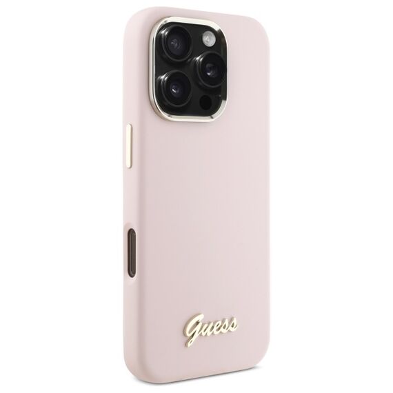 Guess Silicone Script Metal Logo &amp; Frame iPhone 16 Pro Case - Pink | Techbox