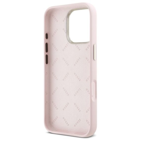 Guess Silicone Script Metal Logo &amp; Frame iPhone 16 Pro Case - Pink | Techbox