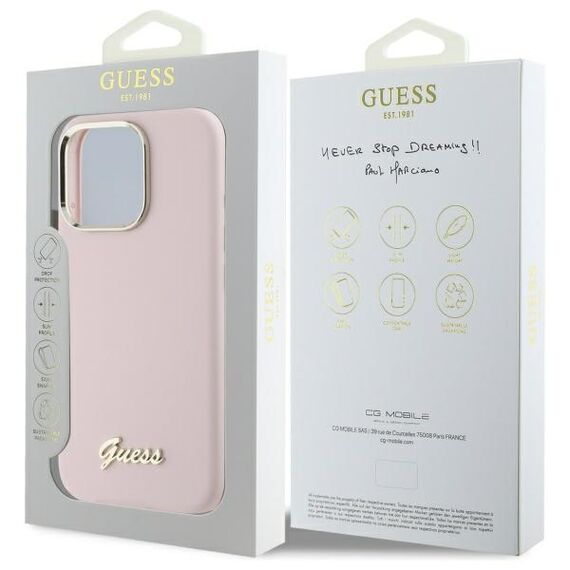 Guess Silicone Script Metal Logo &amp; Frame iPhone 16 Pro Case - Pink | Techbox