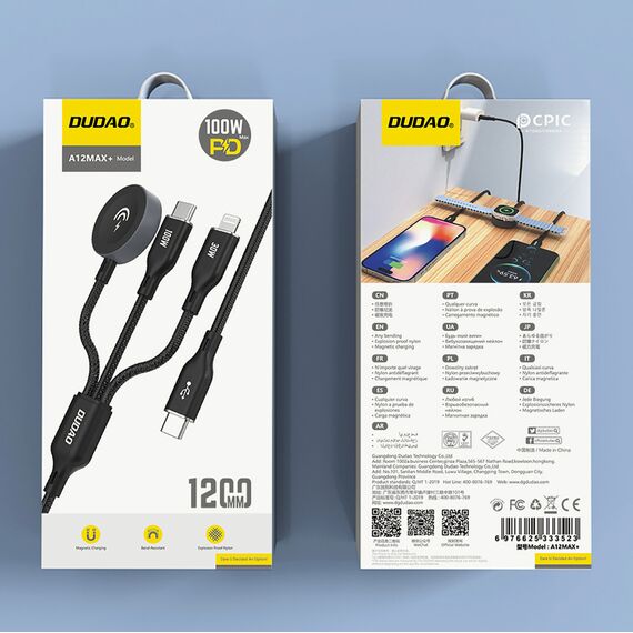 Apple Watch Dudao A12Max+ PD 100W 3in1 Charger Cable: USB-C Lightning 1.2m - Black | Techbox