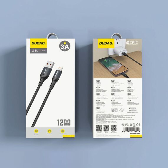 Dudao 3A 30W L3SL USB-A - Lightning Cable Braided 1.2m - Black - Cables & Adapters - Cables & Accessories - Techbox