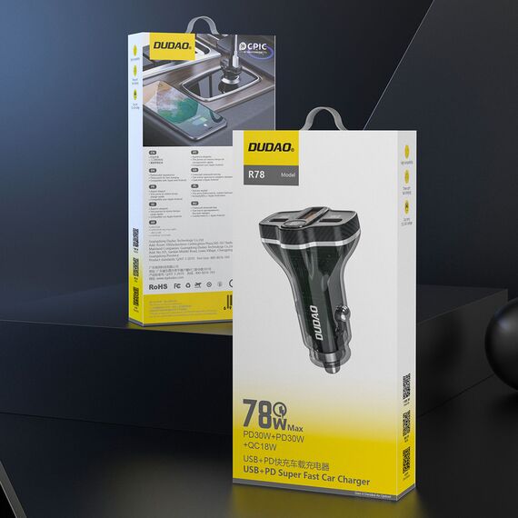 Dudao R78 78W Car Charger USB-C PD / 2xUSB-A QC - Black | Techbox